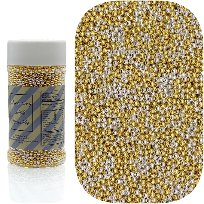 Dynastang 2mm Super Gold & Silver Pearls Sprinkles Edible Pearls Cake Decorating Stars Cake Decorations Cupcake Toppers Cookie Decorating Perfect for Cakes, Cupcakes, Desserts Toppings 3OZ