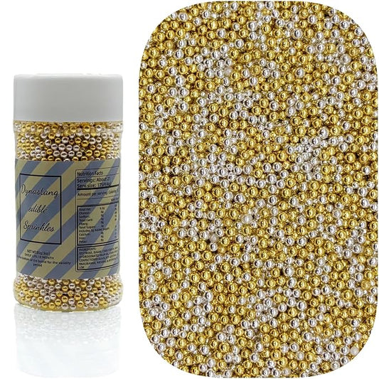 Dynastang 2mm Super Gold & Silver Pearls Sprinkles Edible Pearls Cake Decorating Stars Cake Decorations Cupcake Toppers Cookie Decorating Perfect for Cakes, Cupcakes, Desserts Toppings 3OZ