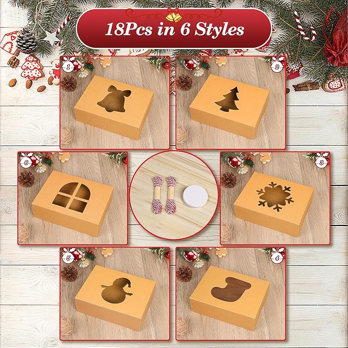 COTOPHER 18Pcs Christmas Cookie Boxes with Window, 8x6x2.5 inch Brown Bakery Boxes for Gift Giving, Kraft Treat Boxes Dessert Boxes for Cakes Donuts Chocolate Strawberries Pastries Muffins