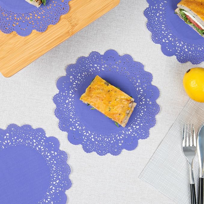 Restaurantware-Pastry Tek 8 x 8 Inch Paper Lace Doilies, 100 Round Disposable Table Doilies - Elegant Lace Finish, Long Lasting, Purple Paper Lace Doilies, for Pastries, Cupcakes, Desserts