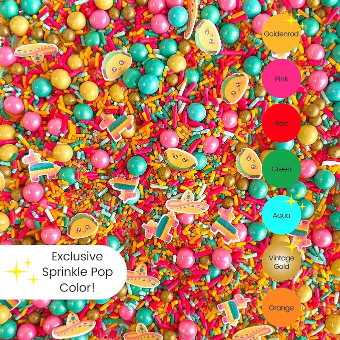 Cinco De Mayo Sprinkle Mix| Made In USA By Sprinkle Pop| Golden Yellow Pink Turquoise Sprinkles with Tacos Piñatas Wafer Paper| Decorating Sprinkles For Taco Tuesday Donuts Cupcakes Cakes Cookies, 4oz