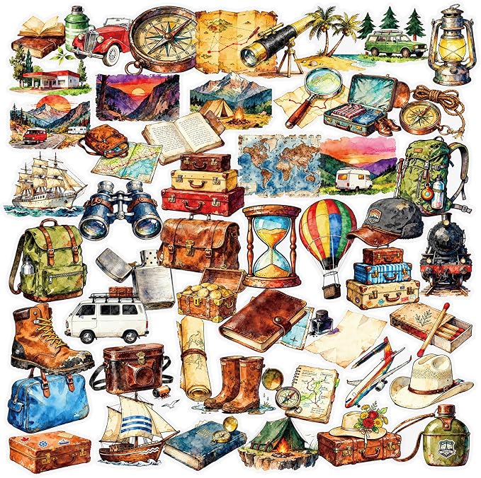 56 pcs Watercolor Vintage Travel Adventure Clear PET Stickers, Camping Hiking Compass Map Luggage Transparent Die-Cut Decals, Waterproof Stickers for Journal Scrapbook Planner DIY Outdoor Craft Decor