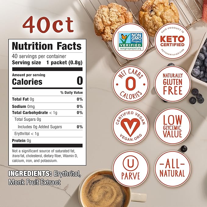 MONK FRUIT IN THE RAW, Natural Monk Fruit Sweetener w/Erythritol, Sugar-Free, Keto, Gluten Free, Zero Calorie, Low Carb, Vegan Sugar Substitute, 40 Count Packets (Pack of 2)