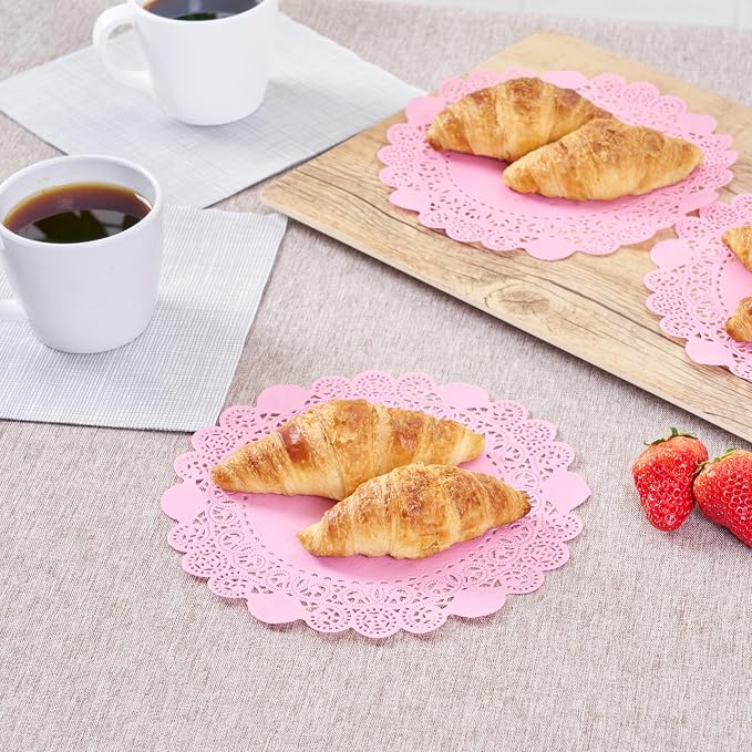 Pastry Tek 8 x 8 Inch Paper Lace Doilies, 100 Disposable Table Doilies - Elegant Lace Finish, Long Lasting, Pink Paper Doily, for Pastries, Cupcakes, Desserts - Restaurantware