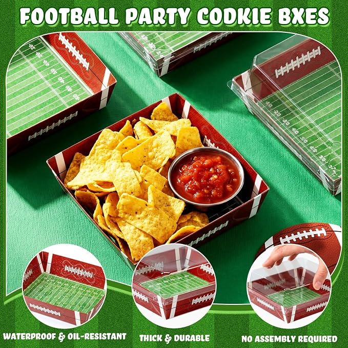 Potchen 50 Pack Bakery Boxes with Clear Lids, Disposable Charcuterie Treat Boxes for Cookies, Donuts, Cupcakes, Candy and Mini Cakes, Party Favor for Wedding and Gift Giving(Football)