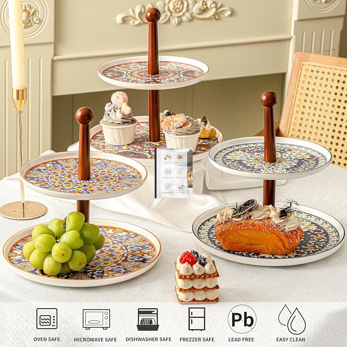 2 Tiered Cupcake Dessert Stand Ceramic, Tiered Serving Cake Stand Bohemian Plates Tray Food Grade Dessert Display Stand, Beautiful Gift for Tea Party, Weddings Parties & Home Décor (Red)