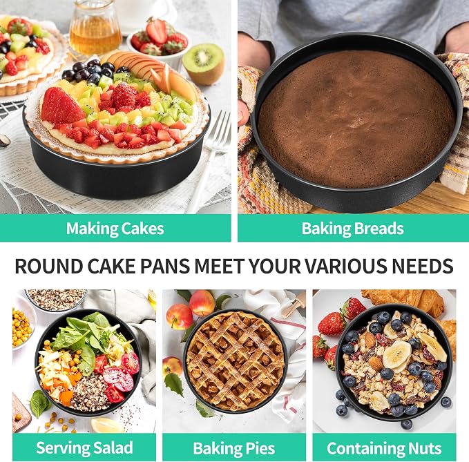 P&P CHEF Non-stick Cake Pan Set 4, 9.5 Inch Round Baking Cake Pans Tins for Tier Smash Cakes, Non-Toxic & Solid, Stainless Steel Core & Leak-Proof, 4Pcs