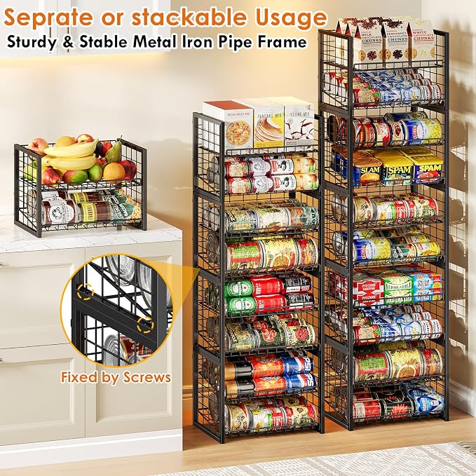X-cosrack 2 Packs Stackable Can Rack Organizer for Pantry, 2-Tier Sturdy Adjustable Pantry Can Storage Organizer for Canned Food Can Goods, Kitchen Can Dispenser Holder for Soda Drinks Snack, Black