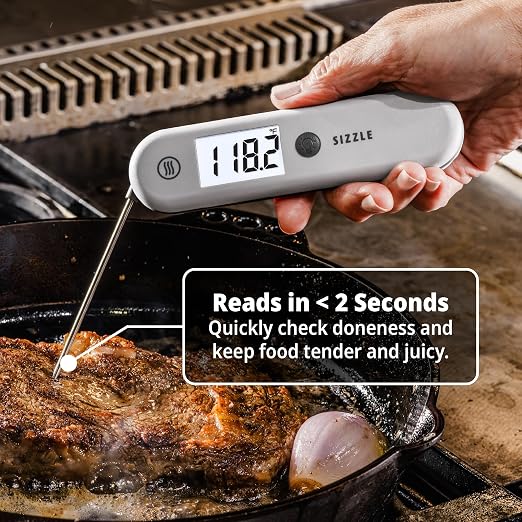 ThermoWorks Sizzle Digital Meat Thermometer – Instant Read in 2 Seconds, Waterproof, Folding Probe with Magnetic Back, Auto-Rotating Backlit Display, for Cooking Food, Grill & BBQ - Dove Grey