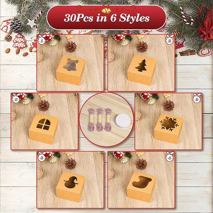 COTOPHER 30Pcs Christmas Cookie Boxes with Window, 4x4x2.5 inch Kraft Brown Bakery Boxes for Gift Giving, Mini Cake Boxes for Treat Donuts Chocolate Strawberries Pastries Muffins