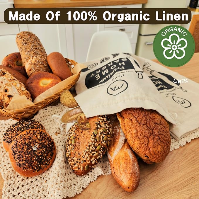 Bread Bags for Homemade Bread - 2 Pack Eco-Friendly Lining, XL Reusable Linen Bag for Fresh & Soft Homemade Sourdough Storage, Cloth Saver Bag for Sourdough 18” x 13"
