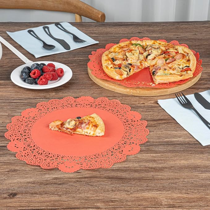 Restaurantware Pastry Tek 12 x 12 Inch Lace Doilies 100 Decorative Tableware Placemats - Disposable Round Red Paper Table Doilies For Birthdays Or Weddings Table Decor