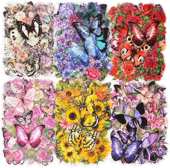 Knaid 300 Pieces Assorted Butterfly and Flower Stickers, Transparent Butterflies Floral Resin Decals Aesthetic Journaling Scrapbook Stickers for Card Making Bullet Junk Journal Planner Craft Supplies