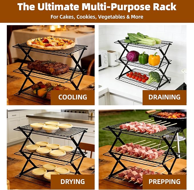 4 Tier Collapsible Cooling Rack with Adjustable 6 Setting Design stackable wire rack for baking sheet for Cookies Baking Gifts for Women (Black, 4-Tier)