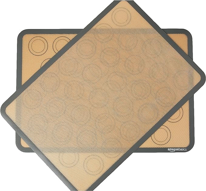 Amazon Basics Silicone Baking Mat for Macarons, Non-Stick, Food Safe, Reusable, Oven-Safe, 16.5" x 11.6", Beige/Gray, 2-Pack