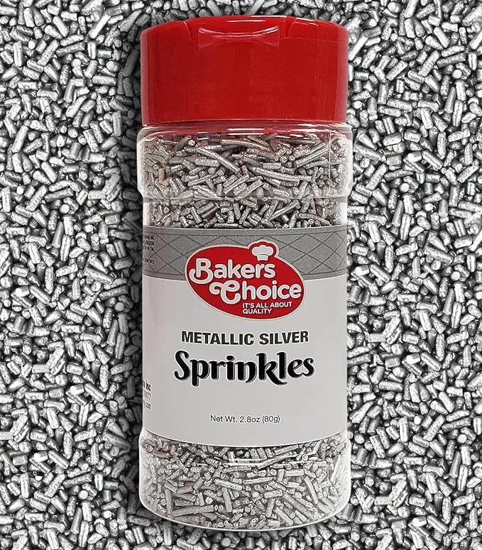 Bakers Choice Metallic Silver Sprinkles for Baking - Jimmies Sprinkles for Ice Cream Toppings - Dairy Free, Kosher 2.8 oz.