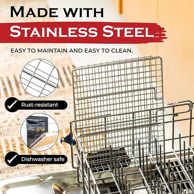 SHIZZO Grill Basket Gift Set - Removable Wooden Handle - Non-Stick Stainless Steel, BBQ Grilling Rack for Fish, Shrimp, Vegetables - Camping & Outdoor Smoker Accessories, Gifts for Dad, Husband