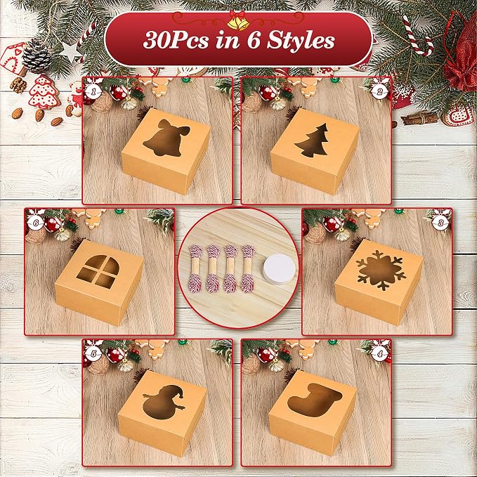 COTOPHER 30Pcs Christmas Cookie Boxes with Window, 6x6x3 inch Kraft Brown Bakery Boxes for Gift Giving, Small Treat Boxes for Cake Donuts Chocolate Strawberries Pastries Muffins