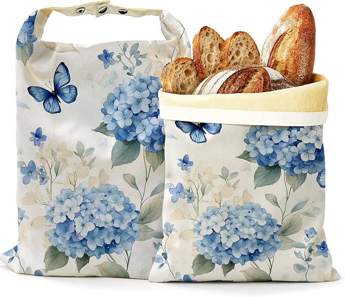 2 Pack Beeswax Blue Hydrangea Bread Bags for Sourdough, Reusable Linen Butterfly Floral Bread Bag 17x13'' Food Storage Cloth Bag Freezer-Friendly & Freshness Preservation