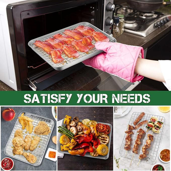 P&P CHEF 9 Inch Toaster Oven Pan with Rack Set, Stainless Steel Baking Pan Tray and Grid Cooling Rack for Cooking/Roasting, Dishwasher Safe & Easy to Clean, Non-toxic & Sturdy, (4Pcs)