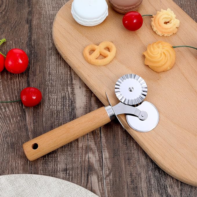 Oruola Pasta Wheel Cutter, Double Fluted Pastry Cutter Wheel,Double-Blade Ravioli Cutters,Stainless Steel Double Roller Dough Cutters with Wooden Handle for Pizza,Ravioli,Cookies