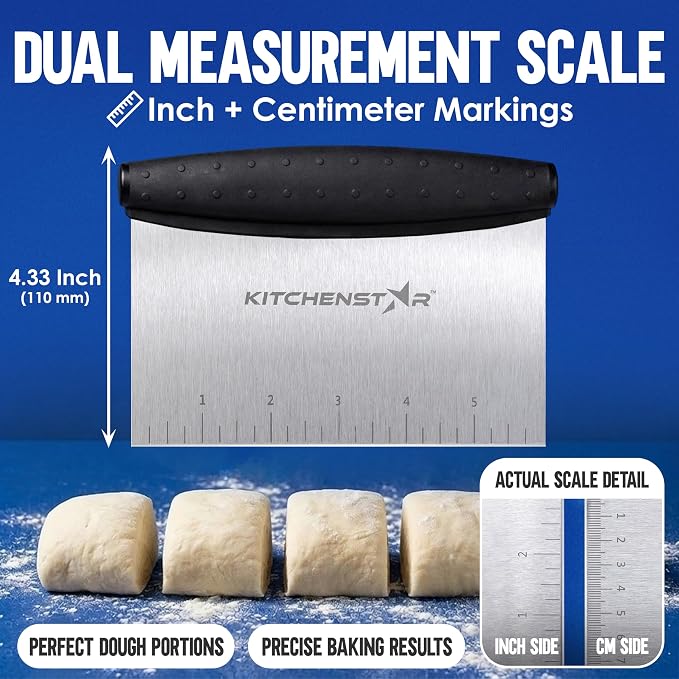 KitchenStar Dough Scraper 6-inch, Stainless Steel Bench Scraper with Measurement Markings & Non-Slip Handle, Pastry Cutter for Bread, Pizza & Vegetables, Dishwasher Safe