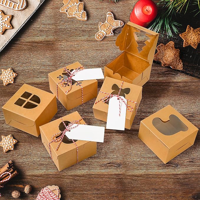 24 PCS Brown Bakery Boxes with Window, 4x4x2.5 Inch Christmas Cookie Boxes Small Christmas Treat Boxes Holiday Xmas Cake Box for Christmas Cupcakes, Cookies, Donuts Gift-Giving, Pastries