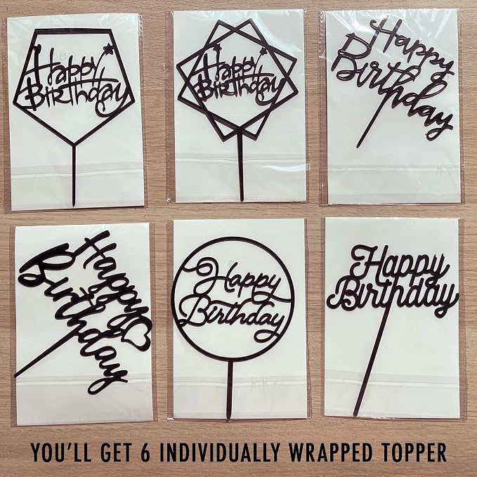 6-Pack Black Birthday Cake Topper Set, Double-Sided Shiny Black, Acrylic Happy Birthday Sign Cake Toppers/Cupcake Toppers, Party Decorations Supplies for Cool Guy.