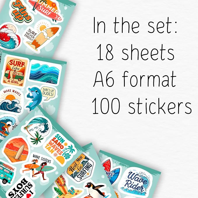 100Pcs Surf & Wave Stickers for Laptop, for Water Bottles, Surfing Stickers - Surfing Gifts for Surfers - Surf Party Supplies & Decoretions - Gift for Women & Men