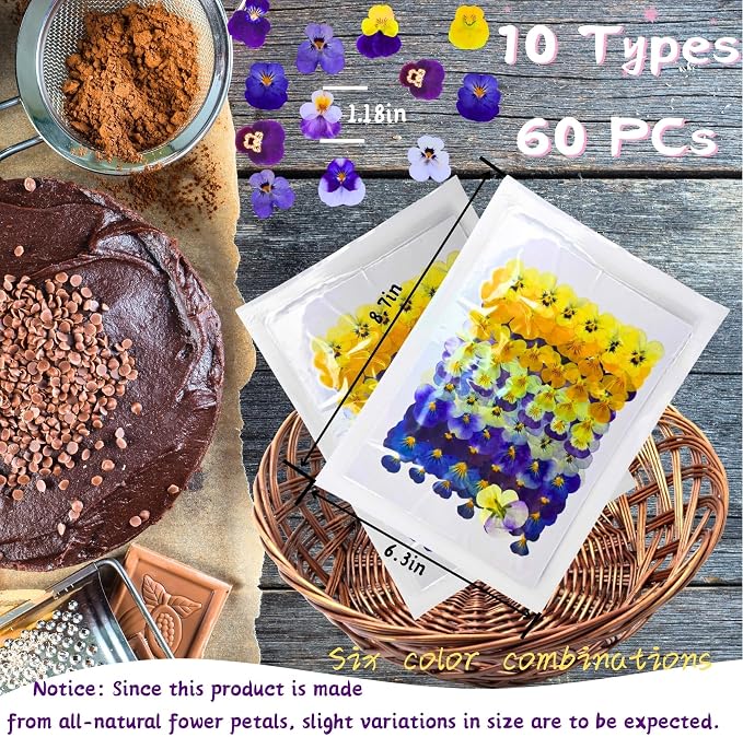 PureHabitat 60 Pcs 10 Colors Natural Dried Pressed Edible Viola Tricolor Flowers for Cake Topper Decoration – for Cupcake Toppers Cocktails Resin Jewelry DIY Crafts (Purple)