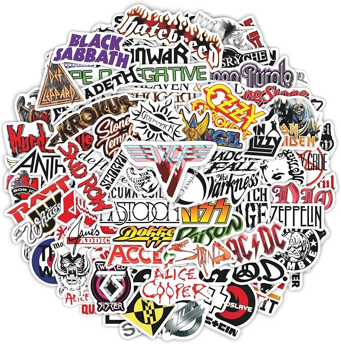 100Pcs Classic Rock Stickers, Rock and Roll Stickers, Rockabilly Band Decals, Classic Rockabilly Gifts, Waterproof Decals, Guitar Emblems, Music Emblems, Gifts for Women & Men