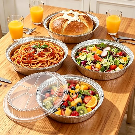 7 Inch Round Aluminum Foil Pans with Clear Lids（50 Pack）Disposable Round Foil Pans,Aluminum Pie Tins,Pie Pans Take-Out Containers for Storing, Baking, Meal Prep & Reheating | Freezer & Oven Safe