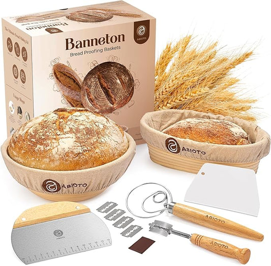 ABIOTO Sourdough Bread Baking Kit - 14-Piece Set with 9" Round & 10" Oval Rattan Banneton Proofing Baskets, Liners, Bread Lame, Danish Whisk & Scrapers for Home Bakers