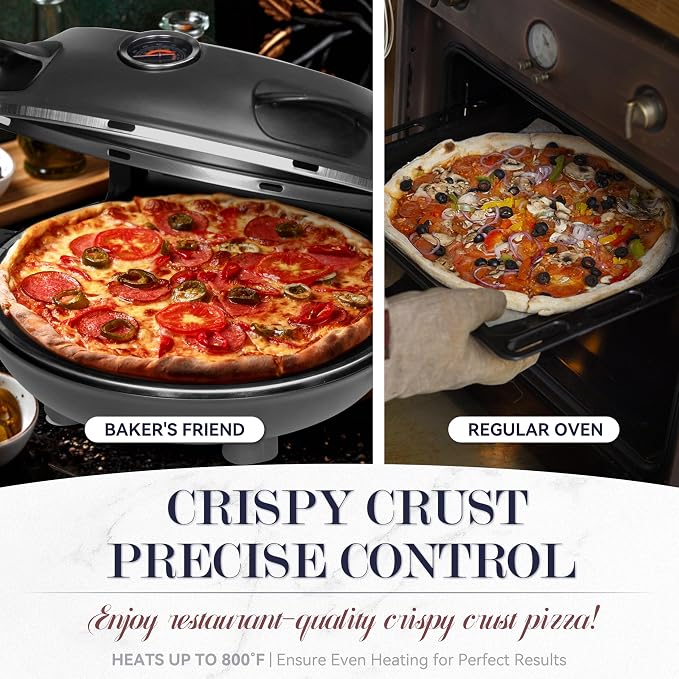 Baker's Friend Electric Pizza Oven Indoor Countertop, 12 Inch Pizza Maker Machine for Home, Pizza Cooker & Grill, Premium Glazed Ceramic Stone, Graphite Gray