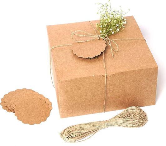 mudrit Kraft Gift Boxes 10 Pack 8x8x4 Inches, Thick Kraft Paper Boxes with Lids, Tags & Jute Rope for Gifts, Wedding Favours, Bridesmaid Proposals, Cupcakes, Crafting