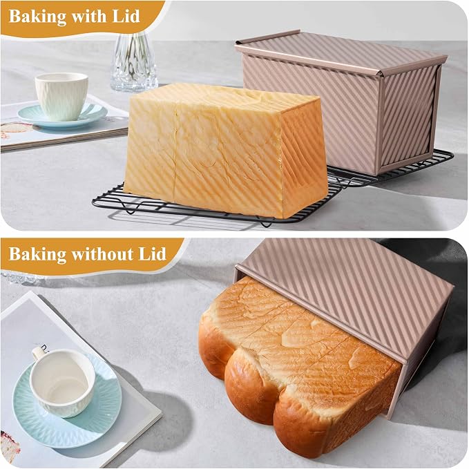 LIANYU Pullman Loaf Pan with Lid, 1 Pound Bread Loaf Pan Set of 2, Homemade Sourdough Sandwich Bread Toast Box, Baking Tins with Cover, Rose Gold