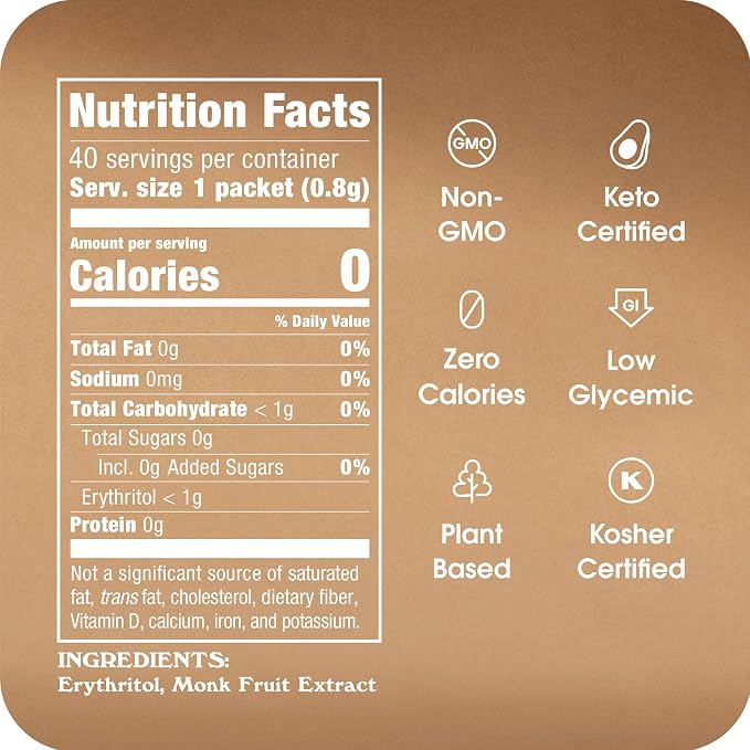 Monk Fruit In The Raw Sweetener Packets, 40 Ct, Keto Certified Monk Fruit Sweetener Packets, Zero Calories, Zero Net Carbs, Non-GMO Project Verified, Vega, Low Glycemic Index