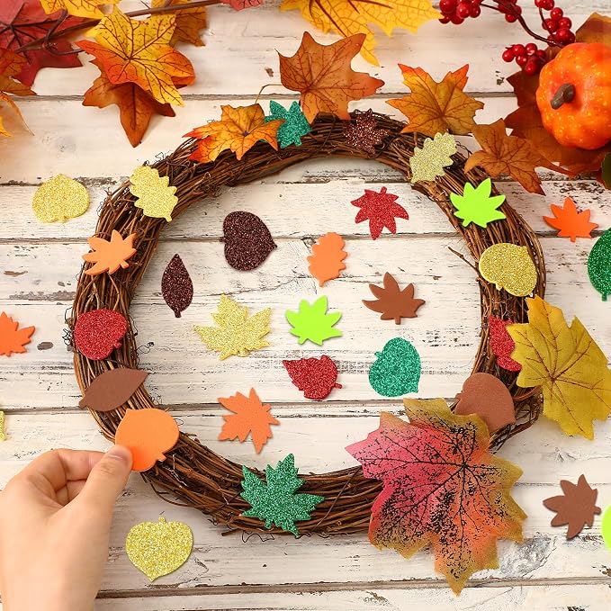 600Pcs Glitter Fall Leaf Foam Sticker Self Adhesive Maple Leaves | Autumn Thanksgiving Leaf Decals for Kids, DIY Crafts, Scrapbook, Party Favors, Halloween Decorations Supplies