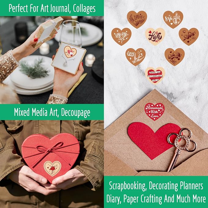420 PCS Kraft Valentine Stickers, Vibrant Heart Stickers Self-Adhesive Love Decoration Labels, Use for Couple, Valentine's Day, Gifts, Wedding, Anniversary, Scrapbook Decors (15 Sheets)
