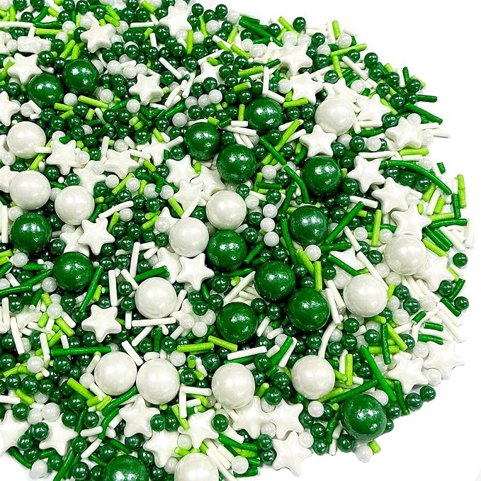 Green and White Pearl Jimmies Sprinkles for Cake Decorating Edible Star Sugar Pearls Patrick's Day Sprinkles Valentines Halloween Cake Cookie Cupcake and Cake Topper Decorations