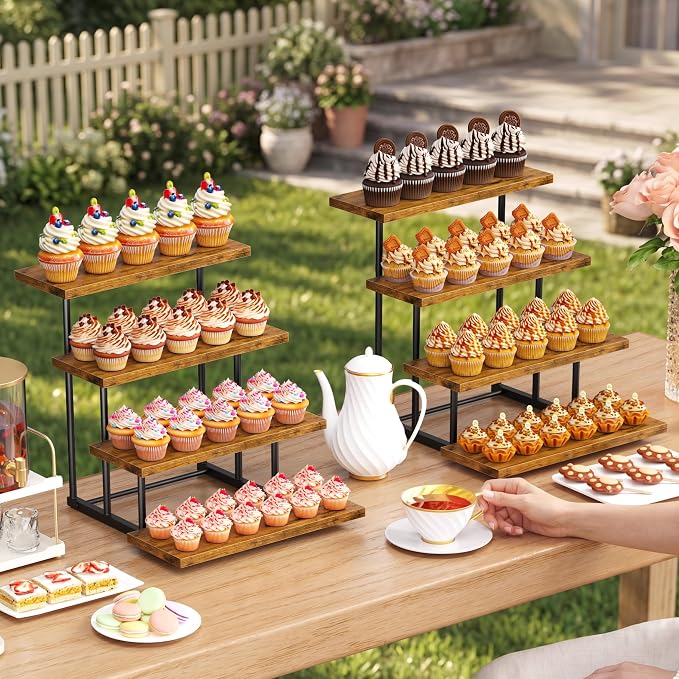 Emfogo Wooden Cupcake Display Stand, 4 Tier Rectangular Tiered Dessert Stands, Dessert Table Display Set for Vendor Booth Party Large Cup Cake Tower for Cup Cake Cookie Food (2 Pack)