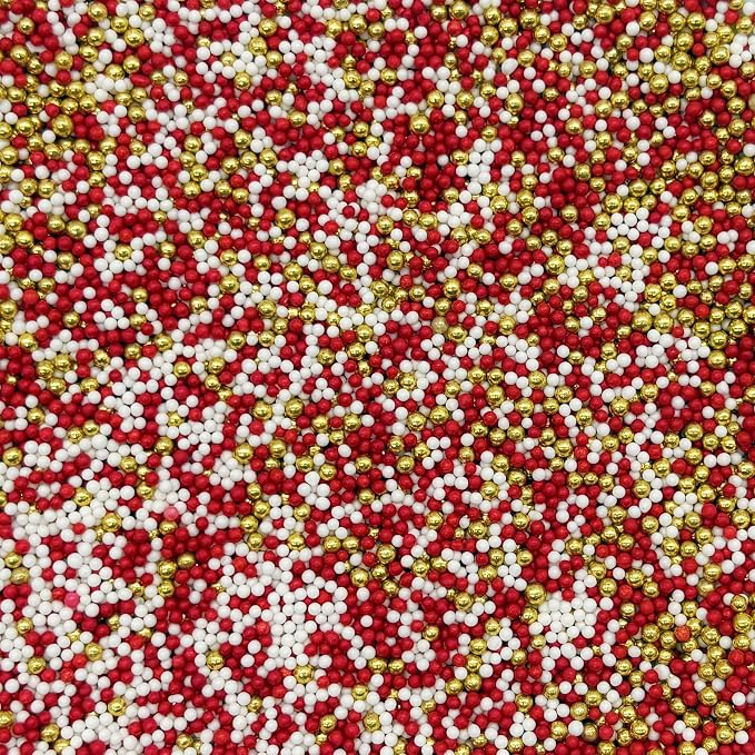 Dynastang 2mm Red & White & Super Gold Pearls Sprinkles Edible Pearls Cake Decorating Stars Cake Decorations Cupcake Toppers Cookie Decorating Perfect for Cakes, Cupcakes, Desserts Toppings 3OZ