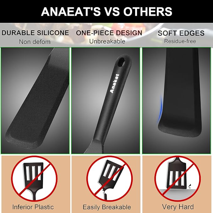 Anaeat Silicone Thin Spatula Set of 2 - Mini Brownie Serving Spatulas - Non Stick Spurtle Turner for Easy Cooking Eggs, Omelet, Pancake, Burgers, Pizza, Steak, Crepes, Heat Resistant & BPA Free