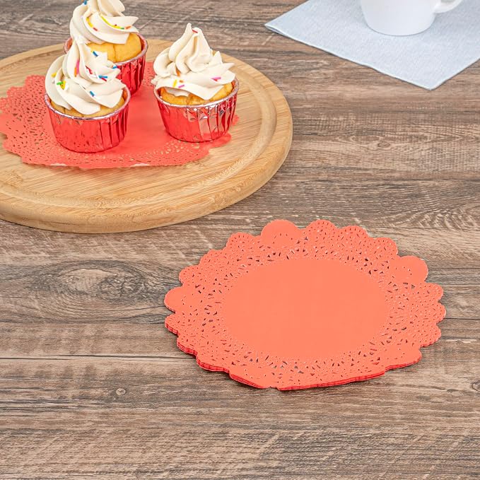 Restaurantware Paper Doilies 100 Pack of 8 Inch Lace Disposable Table Decor Red Round Shape Decorative Presentation