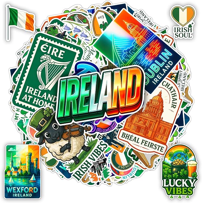 100 PCS Ireland Stickers Pack, Irish Travel Vinyl Waterproof Decals of Dublin Wexford Shamrock Clover Celtic Cross and Irish Culture Heritage for Laptop Water Bottle Scrapbook Adult Gift