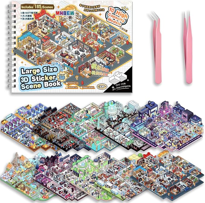 10 Sets Big Size DIY 3D Sticker Scene Collection Book Isometric Miniature Cozy Room Sticker Book for Kids Adults Large Cute Make Your Own House Stickers for Gifts Paint by Sticker with Tweezer (City)