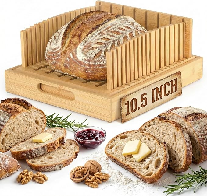 10.5" Extra Wide Bamboo Bread Slicer Guide with Crumb Catcher Board - Premium Wood Cutter & Serving Tray for Homemade Artisan Loaves, Kitchen Gadget Gifts for Bakers