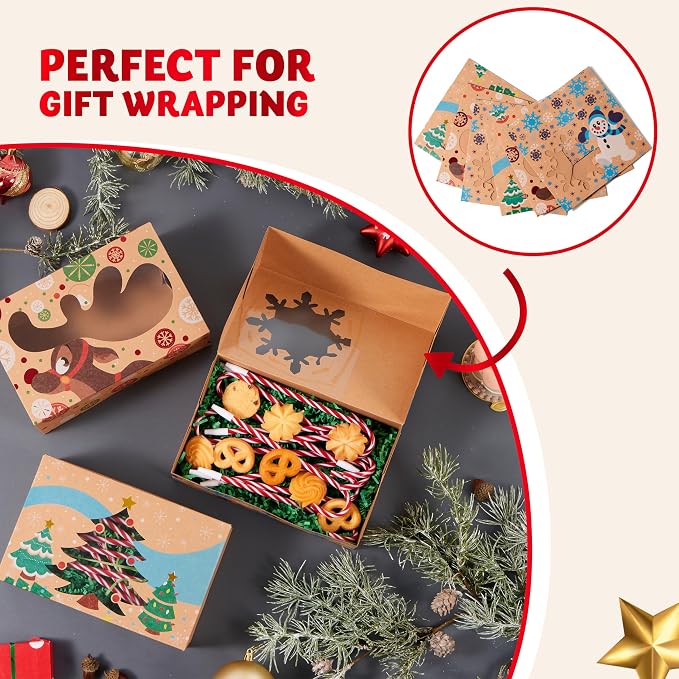 JOYIN 12PCS Christmas Cookie Boxes for Gift Giving, 8.75" x 5.75" x 2.75" Xmas Holiday Treat Cookie Tin with Window, 3 Designs Brown Foiled Kraft Bakery Box for Pastries, Cupcakes, Brownies, Doughnut