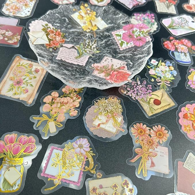 50 Pcs PET Transparent Gold Foil Flower Stickers, Waterproof Vinyl Floral Decals for Laptop Skateboard Luggage, Elegant Flower-Themed Stickers Gift for Teens Adults(Flower-sl)