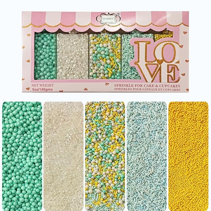 Confect Cake Sprinkles Mix Pack of 5 – Sky Blue, Yellow & White – Pearl Dragees, Jimmies, Sparkling Sugar – Baking Decorations for Cakes, Cupcakes, Cookies & Desserts- Vegan, Gluten-Free, Nut-Free, Soy-Free, Dairy-Free, Palm Oil-Free- 5 Oz